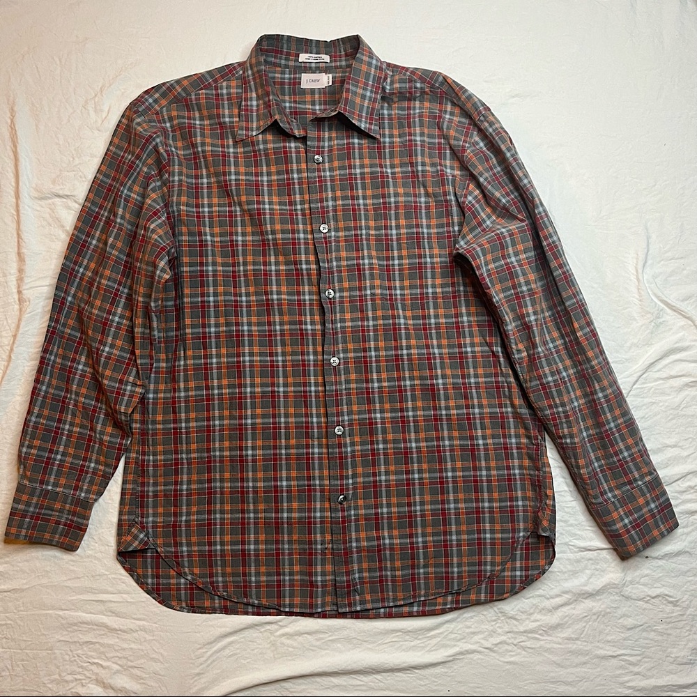 J. Crew Long-Sleeve Button Down Stretch Fabric Shirt - (M) - Gray/Red/Orange